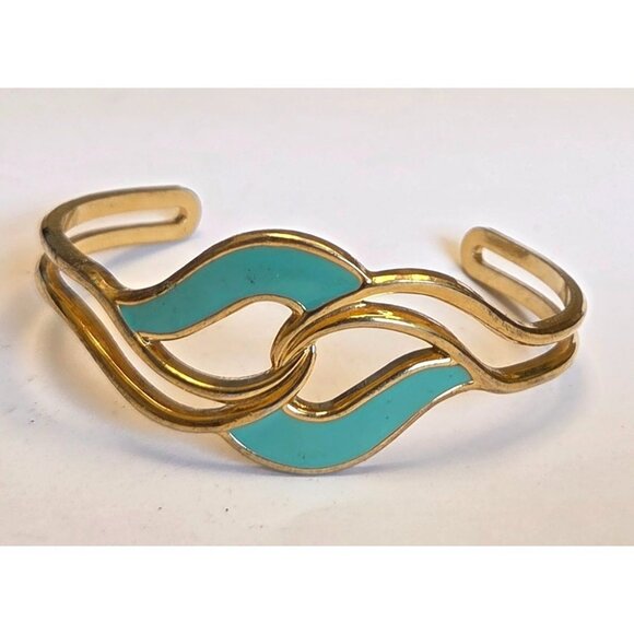 Vintage Avon LoveKnot Goldtone Knot Mint Aqua Enamel 7" Cuff Bracelet - Picture 2 of 3